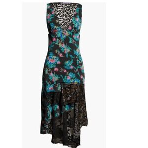 MACCAPANI Katie High Low Dress, Black Blue Floral, Size Large (8), Designer, NWT